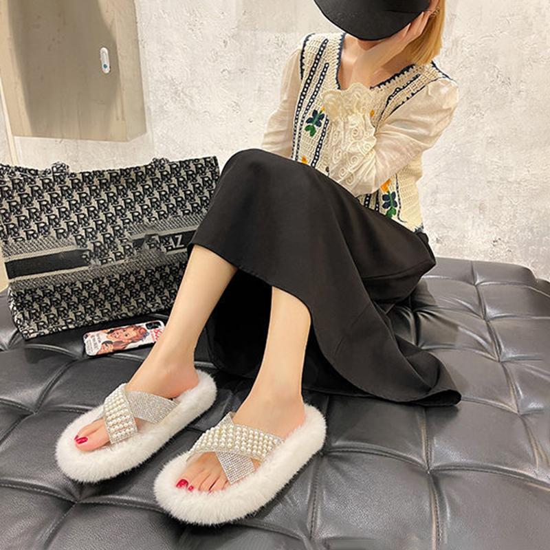 Pearl Plush Slippers Women Wear Thick-soled Non-slip One-word Cotton Mop Home Interior Floor Mop Women's Cute Cotton Slippers