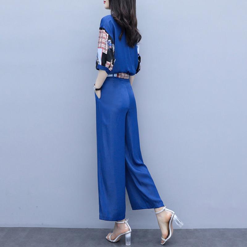 Ladies Wide Leg Pants Suit Summer Women's Large Size Printed Shirt + Two-piece Set of Thin Loose Casual Pants