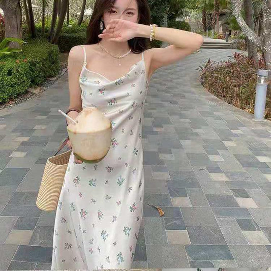 Female Vintage Slim Casual Elegant Holiday Dress Floral Print Backless Graceful Suspender Party Dress