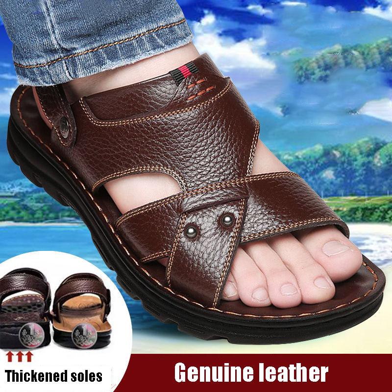 Men Leather Sandals Summer Classic Peep Toe Slippers Soft Sandals Men Roman Comfortable Outdoor Walking Footwear
