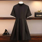 Pofulove Women Chinese O-neck Bow Dress Slim Short Sleeve Short Dress Stand Collar Black Dress