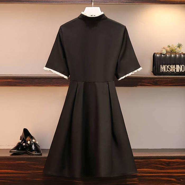 Pofulove Women Chinese O-neck Bow Dress Slim Short Sleeve Short Dress Stand Collar Black Dress