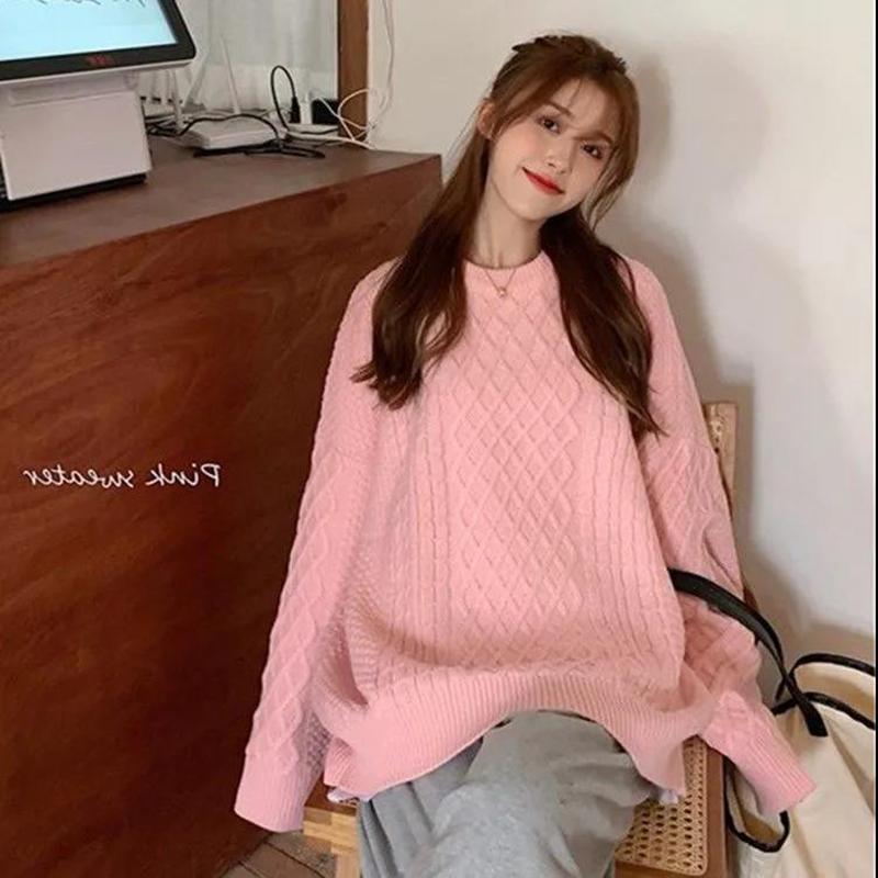 Autumn and Winter Women's Sweater Korean Loose Soft Solid Color Blouse Retro Round Neck Pullover