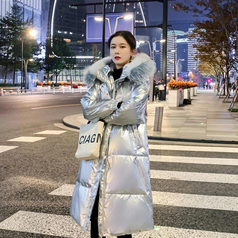 Women's Glossy Loose Down Jacket Mid-length Korean Thick Coat Warm Cotton Coat with Big Fur Collar Winter Quilted Jacket