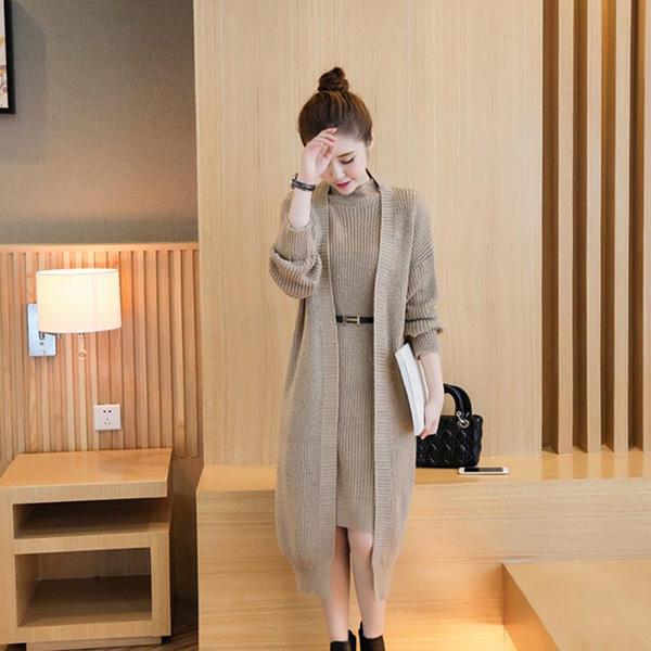 Autumn and Winter Knitted Top Long-sleeved Mid-length Sweater Solid Color Cardigan