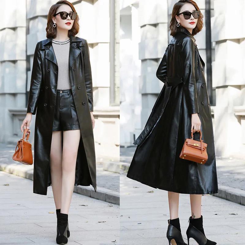 Winter Women's Leather Jacket Fashion Waist Mid-length Leather Jacket Plus Cotton Thicker PU Leather Large Size Leather Jacket