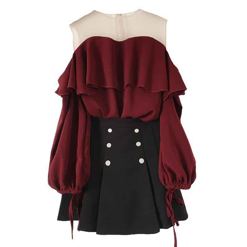 Pofulove Women Ruffled Long Sleeve Shirt+Sexy Pleated Skirt 2pcs Office Lady T-shirt Skirt Suits