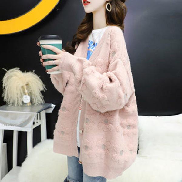 Mid-length Autumn and Winter Top Loose Casual Knit Cardigan Long-sleeved V-neck Sweater