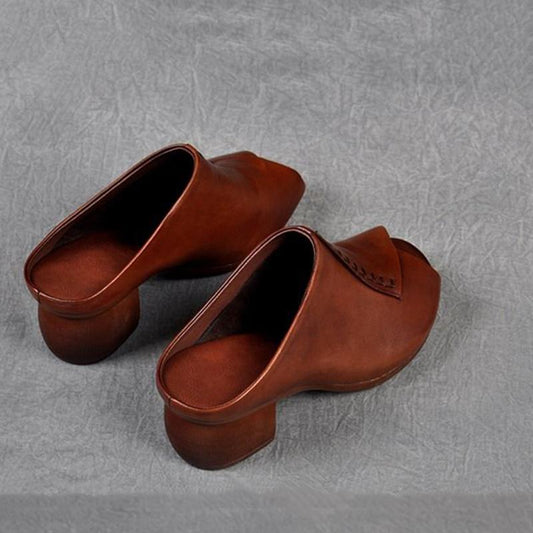 Soft Leather Retro Thick Heel Outer Wear Slippers Fish Mouth Shoes Middle Heel Soft Leather Mother Shoes Comfortable Breathable Sandals