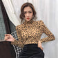 Pofulove Wild Thin Plus Fleece Top Turtleneck Bottoming Shirt Women's Long Sleeve Leopard Warm Slim