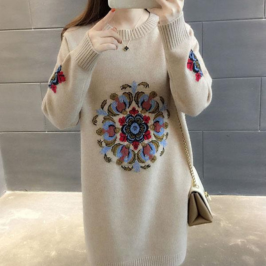 Ethnic Thick Pullover Sweater Women Korean Loose Embroidered Knitted Bottoming sweater All-match Knitweat Autumn and Winter