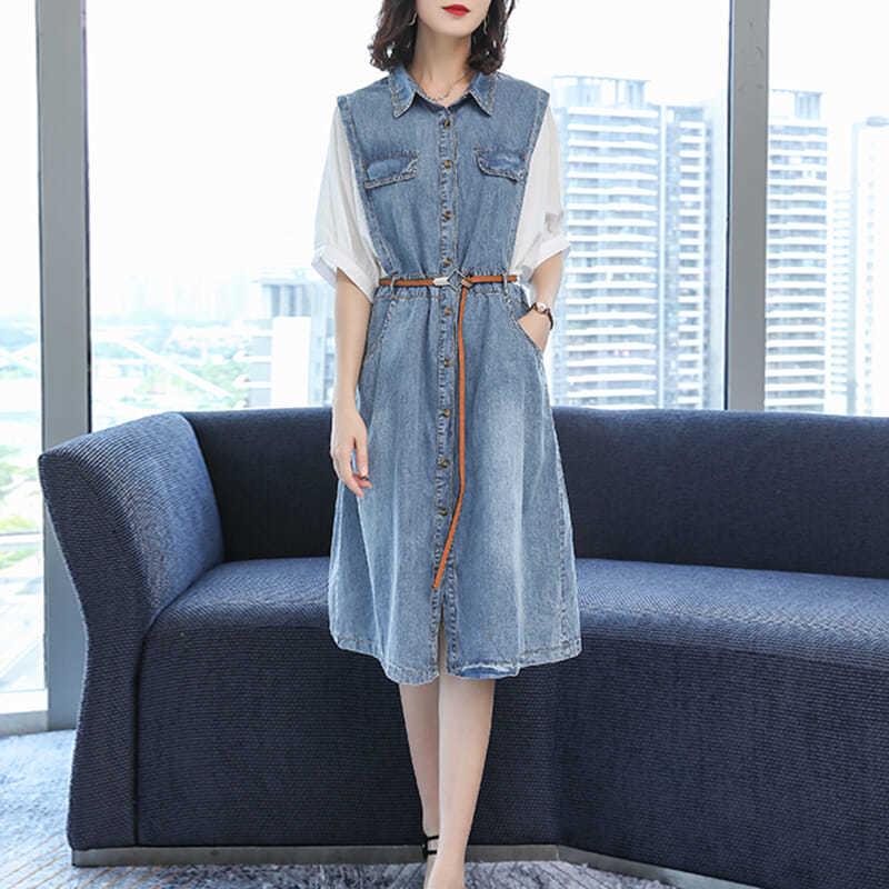 Summer Plus Size Dress Women Fake Two-piece Shirt Dress Midi Denim Dress with Belt