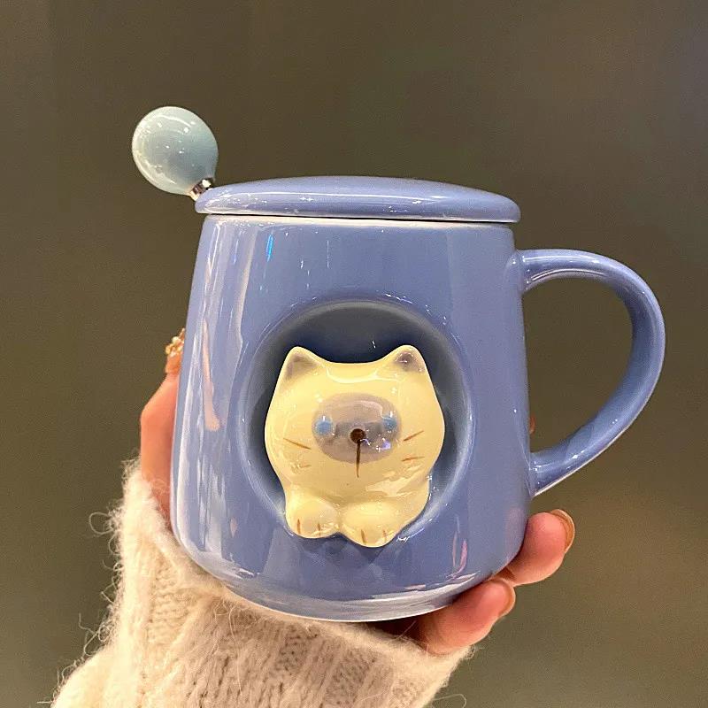 Cute and Creative Spoon Mug with Lid Korean Girl Heart Three-dimensional Ceramic Cup Male and Female Students Milk Coffee Cup