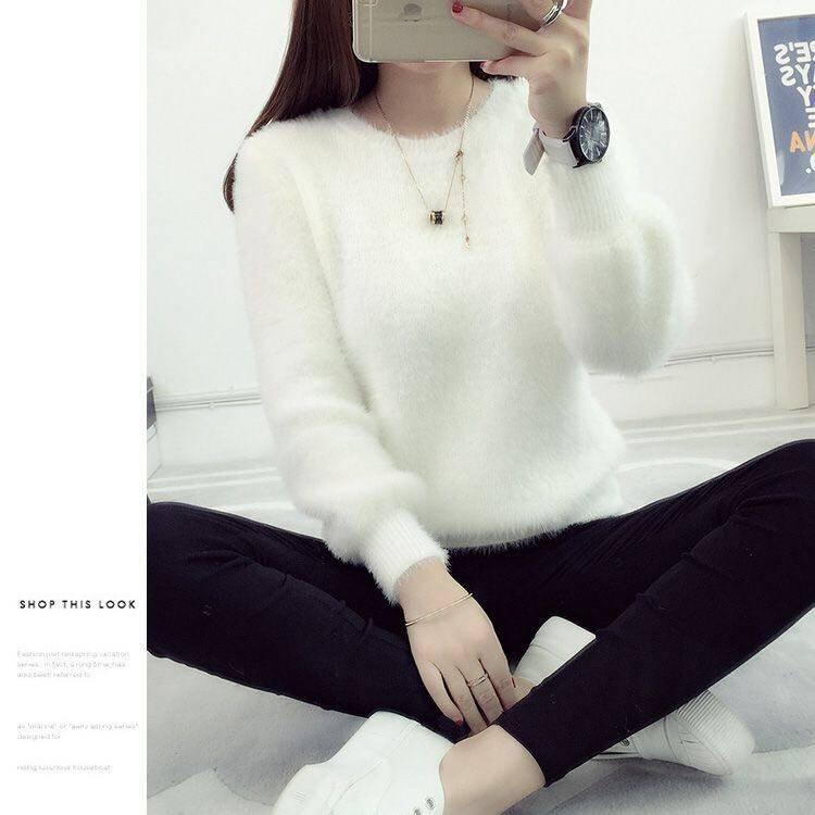 PofuLove Autumn and Winter Bottoming Shirt Mink Velvet Bow Sweater Women Hooded Loose Jacket Short