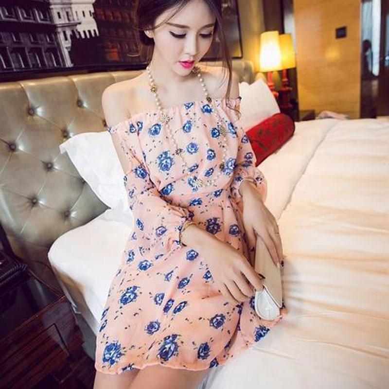 Pofulove Women floral Dress Summer Beach Sundress Off shoulder Backless Dress Boho Dresses Vestidos