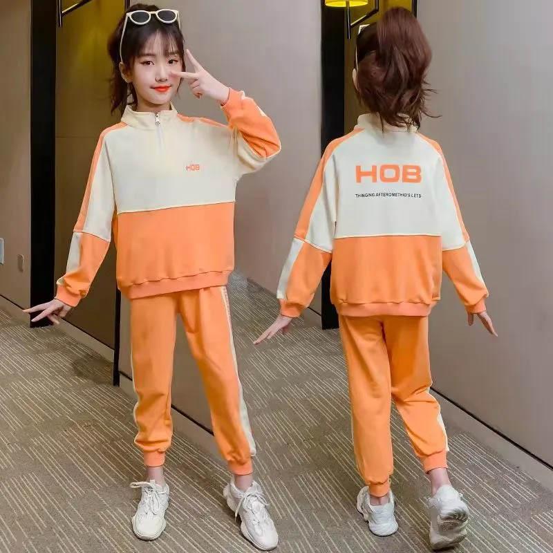 Girls Spring and Autumn Clothing, Children's Breathable Sportswear, Girls' Casual Splicing Contrast Color Printing Pullover Two-piece Set