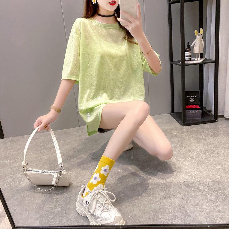 Ice Silk Loose Short-sleeved T-shirt Printing Glittering Half-sleeved Top Women Loose Round Neck Casual Pullover T-shirt Women