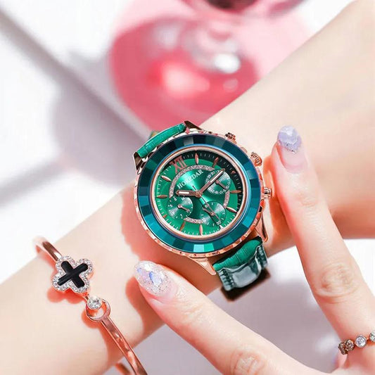 Women's Luxury Crystal Green Rhinestone Niche Watches Korean Style Quartz Watches Office Cut Crystal Diamond Wrist Watches