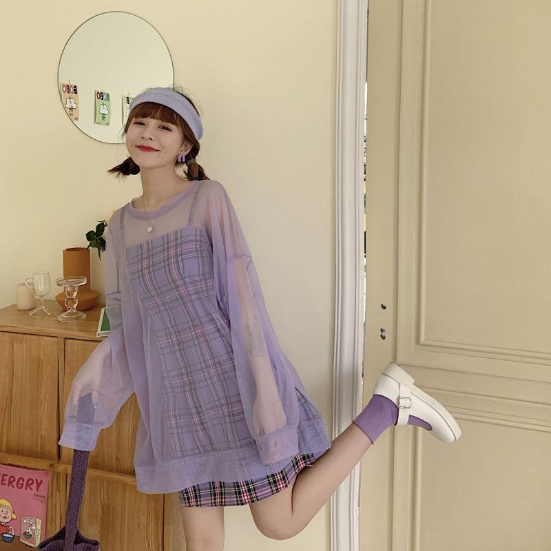 Purple Plaid Sling Dress 2 Pieces Ladies Suit Skirt Spring and Summer Sling  Casual Vacation Office Home