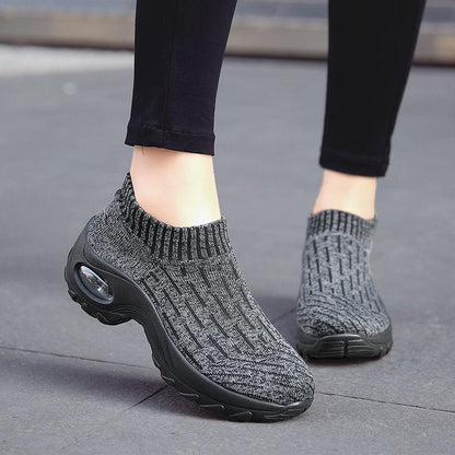 Women's Mid High-heeled Sneakers Casual Breathable Mesh Sports Shoes Running Flat Shoes Slip on Thick-soled Dance Shoes