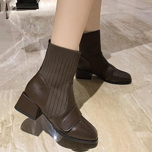 Women's Thick-heeled Autumn Short Boots Women's Mid-heel Socks Boots British Short Martin Boots Soft Leather Comfortable