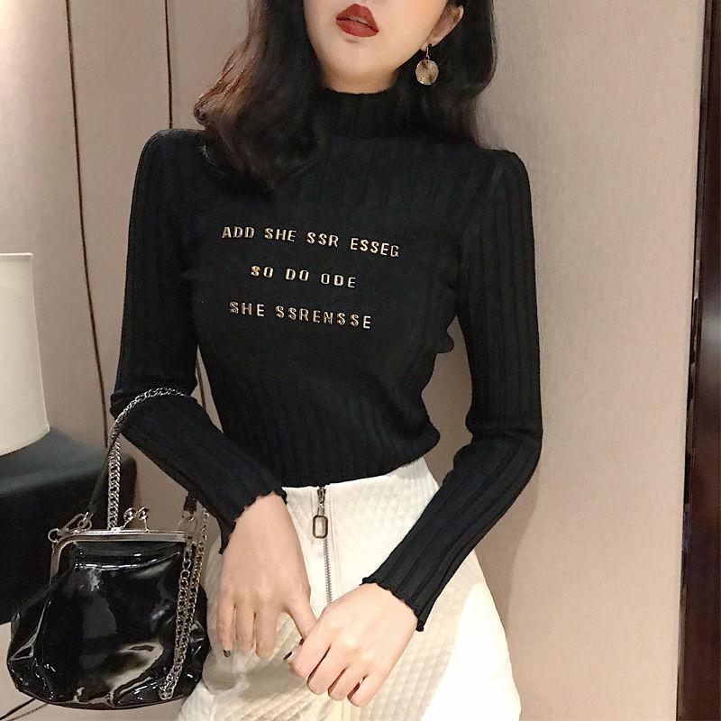 PofuLove Hedging Half Turtleneck Letter Sweater Female Korean Slim Thin Student Knitting Undershirt
