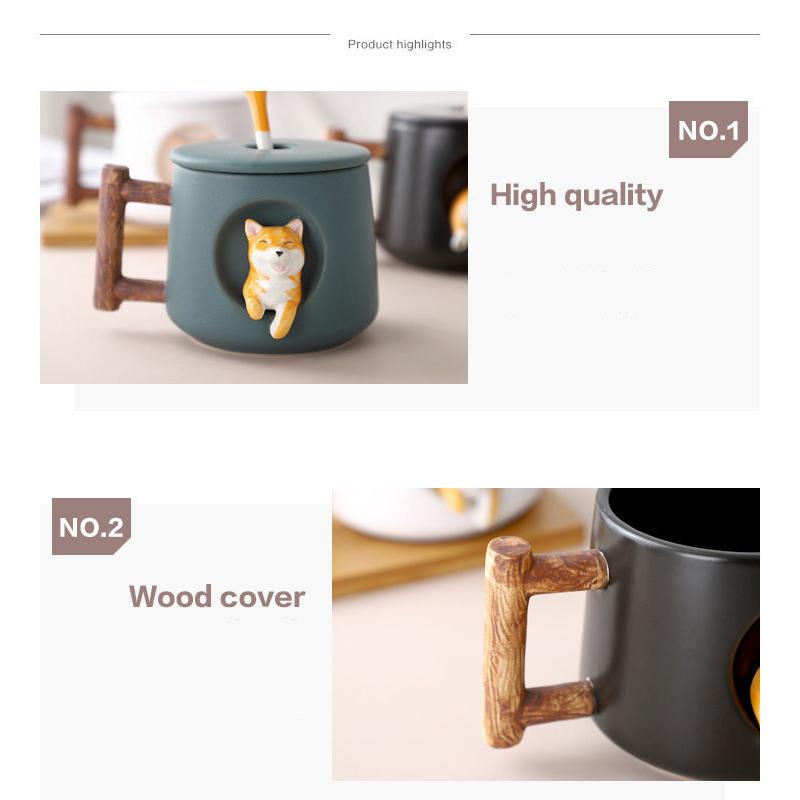 Creative Ceramic Personality Cute Mug with Lid Spoon Household Couple Men and Women Coffee Cup Shiba Inu Cup Gift