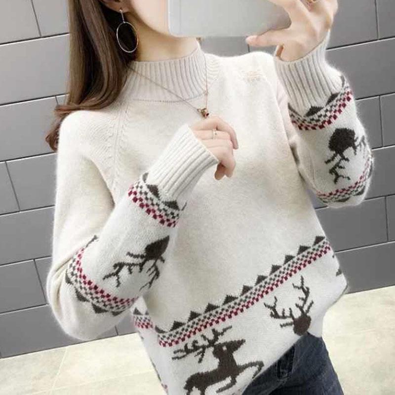 Autumn and Winter Thick Sweater Fawn Pattern Jacquard Knitted Bottoming Shirt Loose and Simple Women's Top