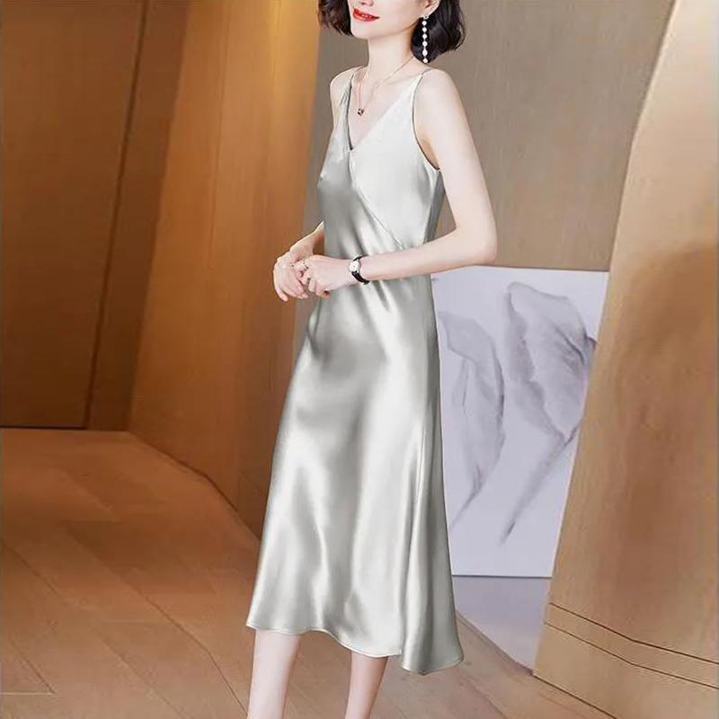 Spring Summer Woman Tank Dress Casual Satin Sexy Camisole Elastic Female Home Beach Dresses V-neck Camis Sexy Dress