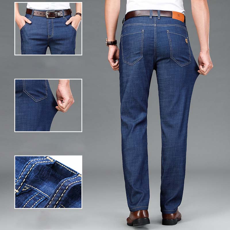 Thin Men's Trousers Spring and Summer New Elastic Large Size Loose Casual Business Straight Middle-aged Men's Jeans