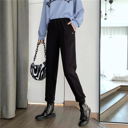 Autumn and Winter Fashion High Waist Slimming Plus Velvet Thickening Warm Radish Pants Loose Casual Straight-leg Pants Women's Trend