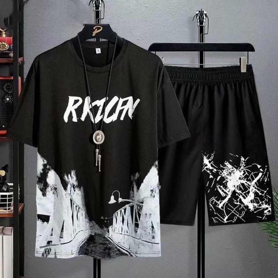 Summer Short Sleeve T-shirt Set Men's Casual Half Sleeve Ice Silk T-shirt Two Piece Set Men's