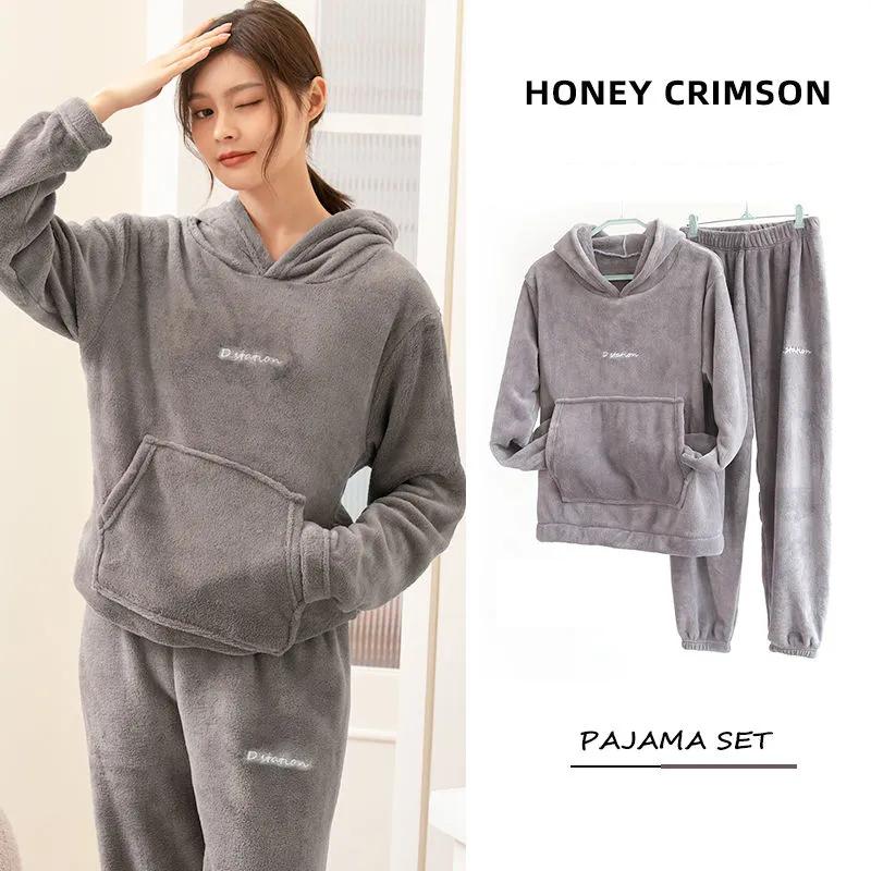 Coral Fleece Pajamas for Women and Men Pyjamas Set Flannel Hoodie Pullover Sleepwear Autumn Winter Velvet Warm Home Wear Suit Casual Loose Long Sleeve
