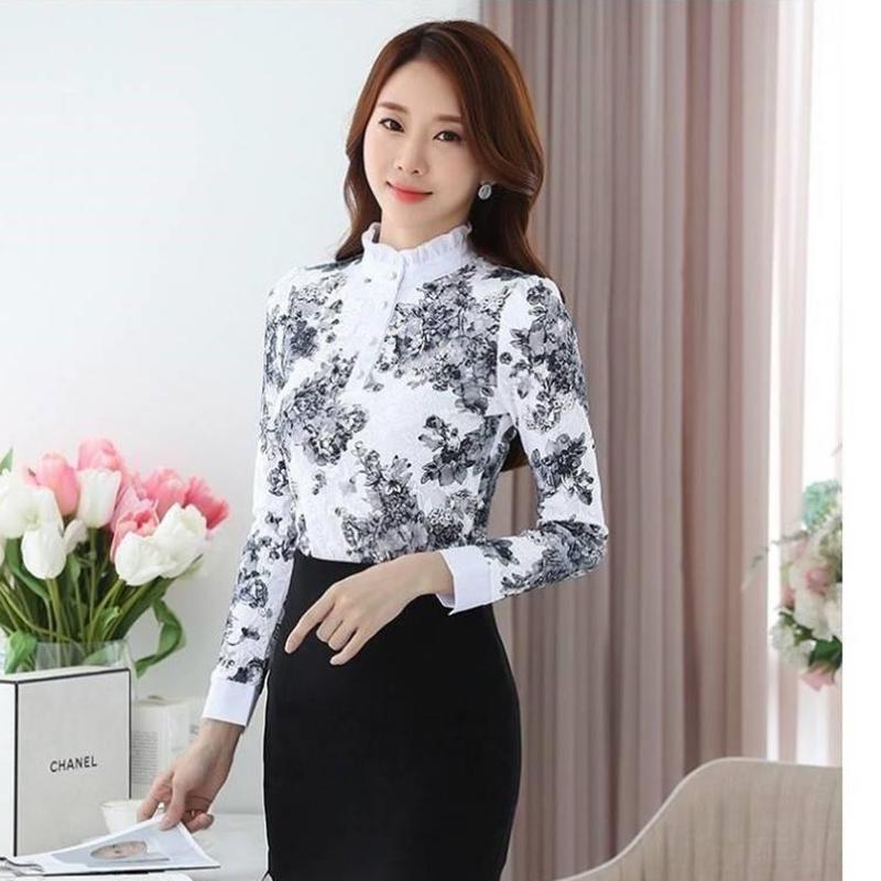 Plus Velvet Thick Lace Shirt Printing Women's Tops Are Fashionable and Slim, All-match Long-sleeved Bottoming Shirt