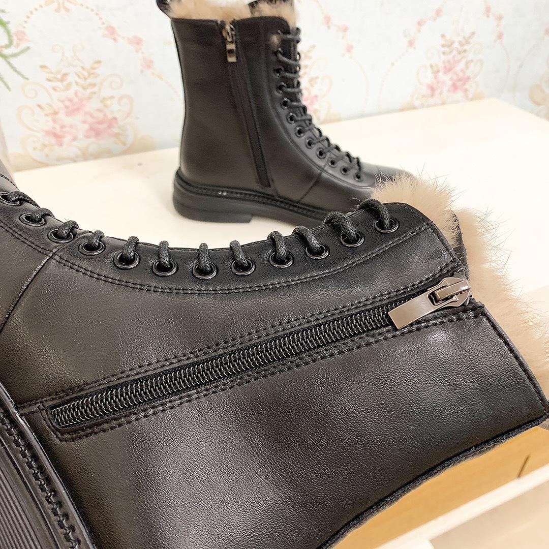 Winter Boots Women Black White Leather Boots Gothic Platform Shoes Fashion Ankle Booties Flat Woman Warm Fur Boots