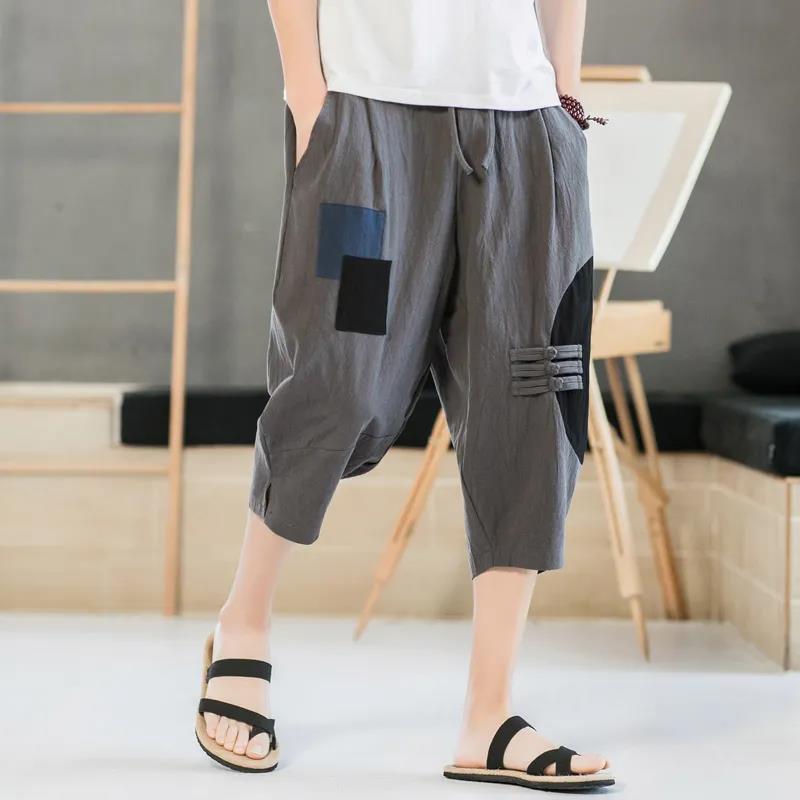 Men's Cropped Trousers Loose Cotton Linen Men's Trousers Summer Thin Casual Pants