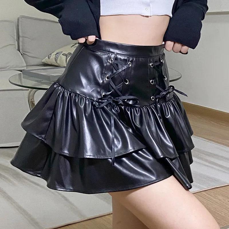 Lace-up Leather Skirt Women's PU High Waist Bow Knot Slim Fit Pleated Skirt Spring and Summer Women's Clothing