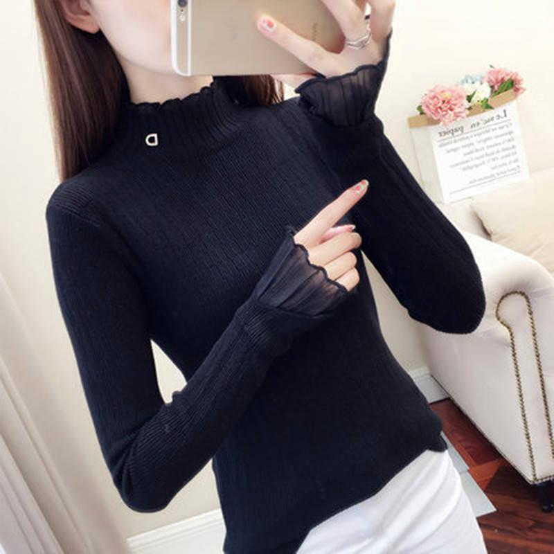 Pofulove Plus Velvet Half Turtleneck Pullover Sweater Women's Autumn Winter Lace Bottoming Shirt