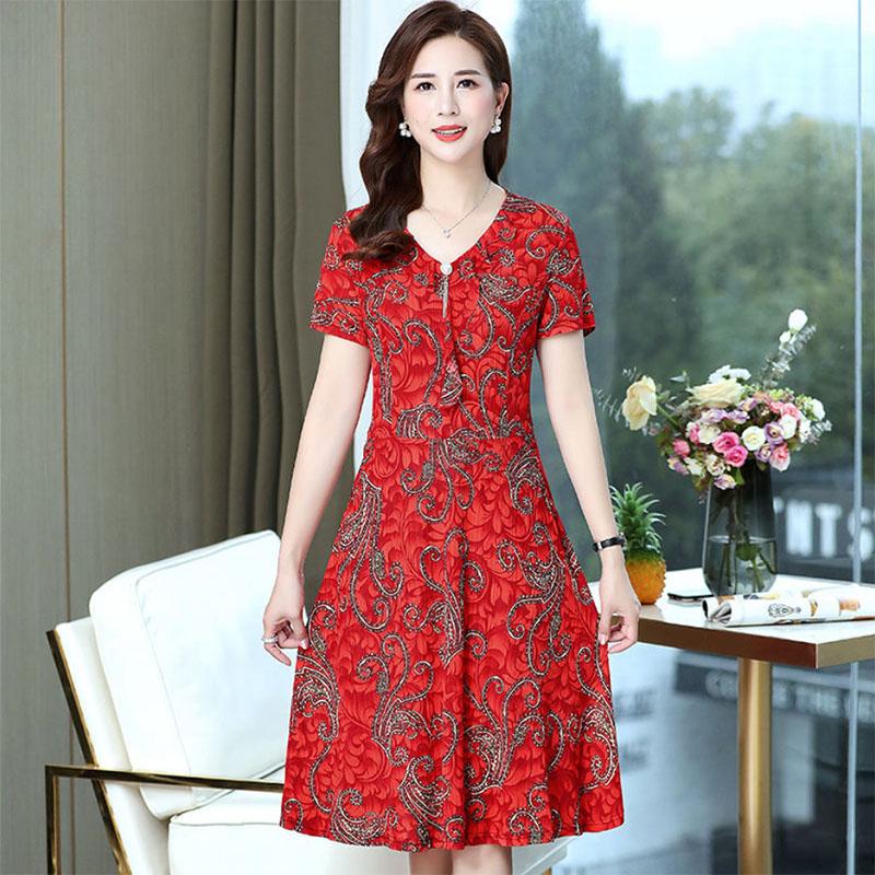 Women's Mid-length Skirt Floral Dress Middle-aged and Elderly Short-sleeved Large Size Loose and Thin Mother Long Skirt
