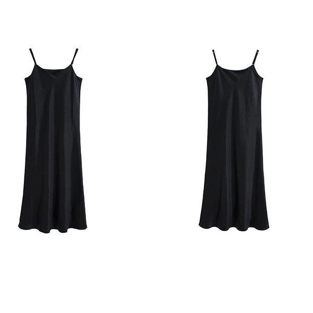 Women's Spring and Summer Korean Elegant Smooth Suspender Satin Long Solid Color A-line Dress