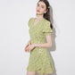 Female Vintage Elegant Short Green Daisy Print Holiday Dress Bubble Sleeves Short Slim Party Dress