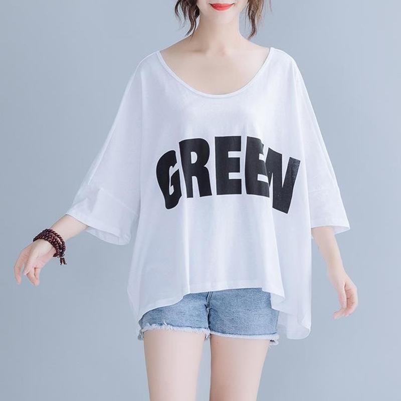 Large Size Women's Loose Letter Printing Short-sleeved T-shirt Tops Women's Casual Loose Large Size Round Neck Mid-sleeve T-shirts