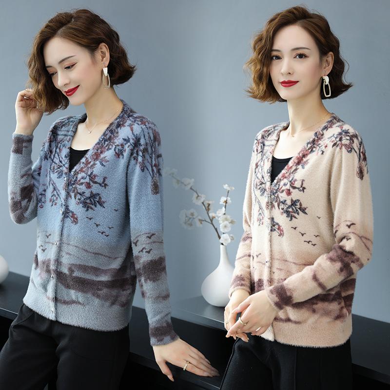 Floral Print Cardigan Women Autumn Winter Female Artificial Mink Wool Cardigan Loose Sweater Coat Fashion Knit Jacket Outwear