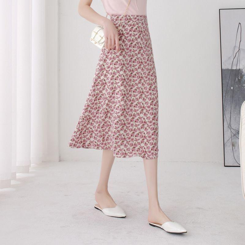Floral Skirt Women's A-line Skirt High Waist Chiffon Print Midi Skirt Small Daisy Flower Skirt