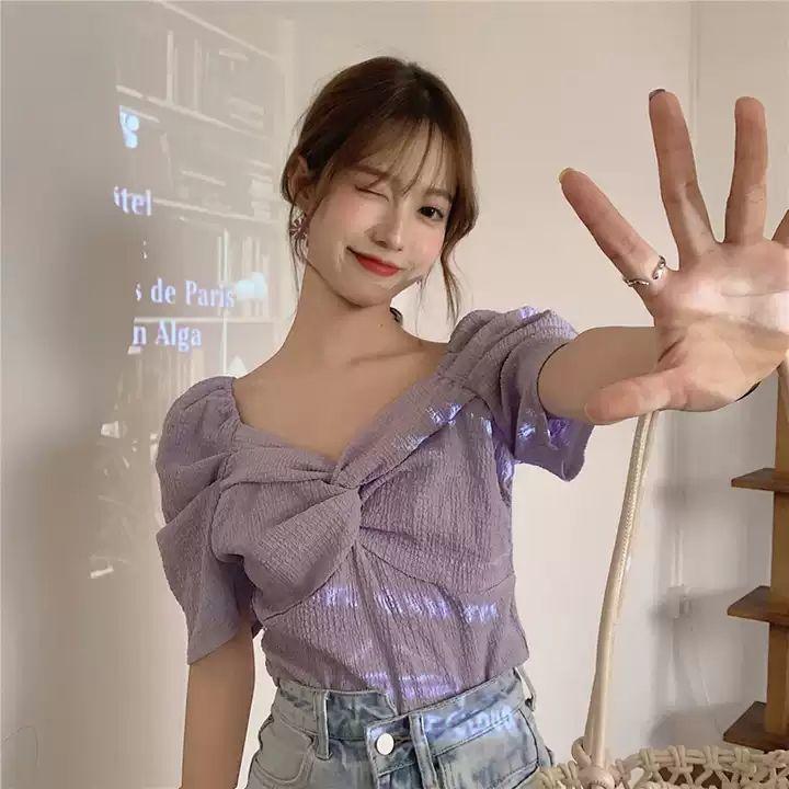 Purple Puff Sleeve Shirt Women's Summer Design Sense Retro Short Shirt Pleated French Square Collar Short Sleeve Top