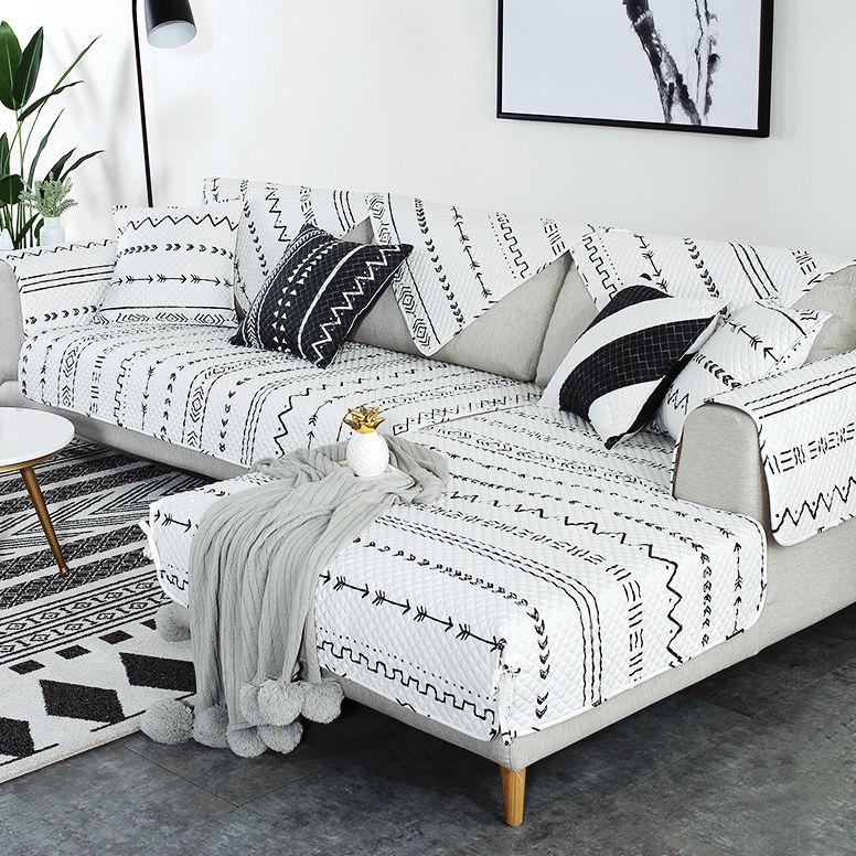 Black and White Cotton Sofa Cover Geometric Non-slip Sofa Towel Couch Cover for Corner Sofa-Cover