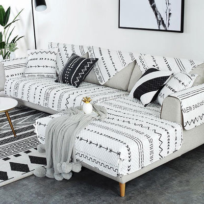 Black and White Cotton Sofa Cover Geometric Non-slip Sofa Towel Couch Cover for Corner Sofa-Cover