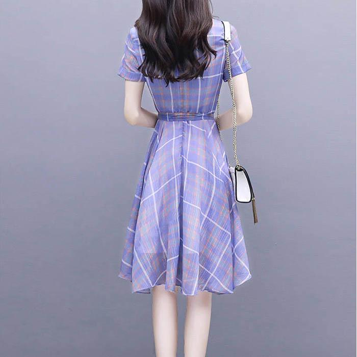 Pofulove S-3XL Women O-neck Chiffon Plaid Dress with Belt Slim Sexy Short-sleeved Long A-line Dress