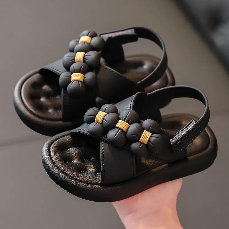 Children's Sandals Summer Girl's Princess Non-slip Soft Sole Beach Sandals Kid's Large Size Solid Color Flowers Sandals