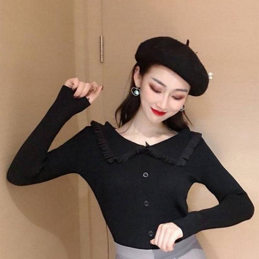 Pofulove Winter Retro Fungus V-neck Pullover Sweater Slim Long-sleeved Solid Color Shirt Shirt Women